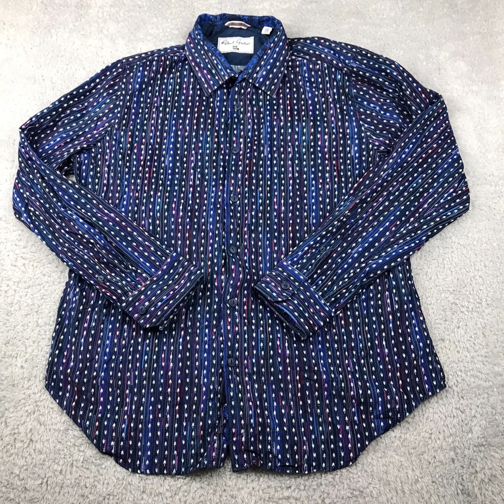 Robert Graham Cain Woven Shirt Mens XL Classic Fit Blue Multi Pattern Corduroy